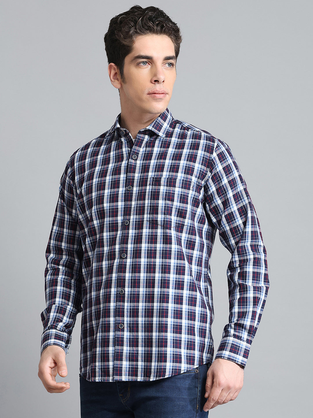 Men Navy Blue Check Collar Full Sleeve Shirt