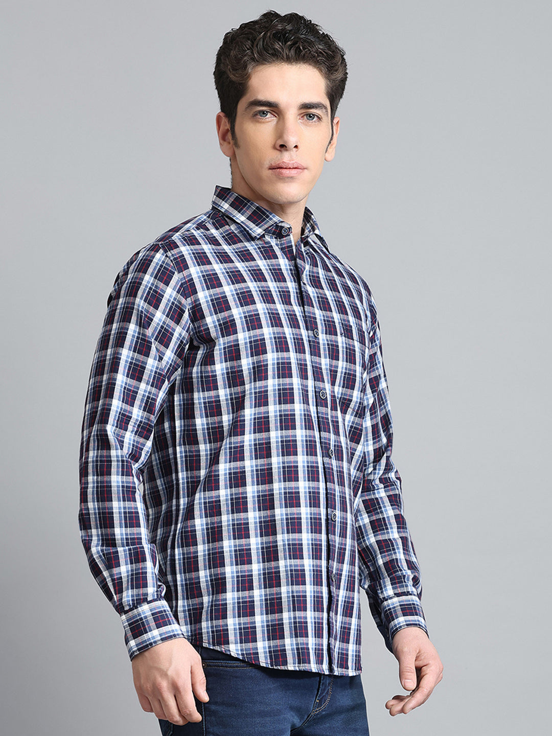 Men Navy Blue Check Collar Full Sleeve Shirt