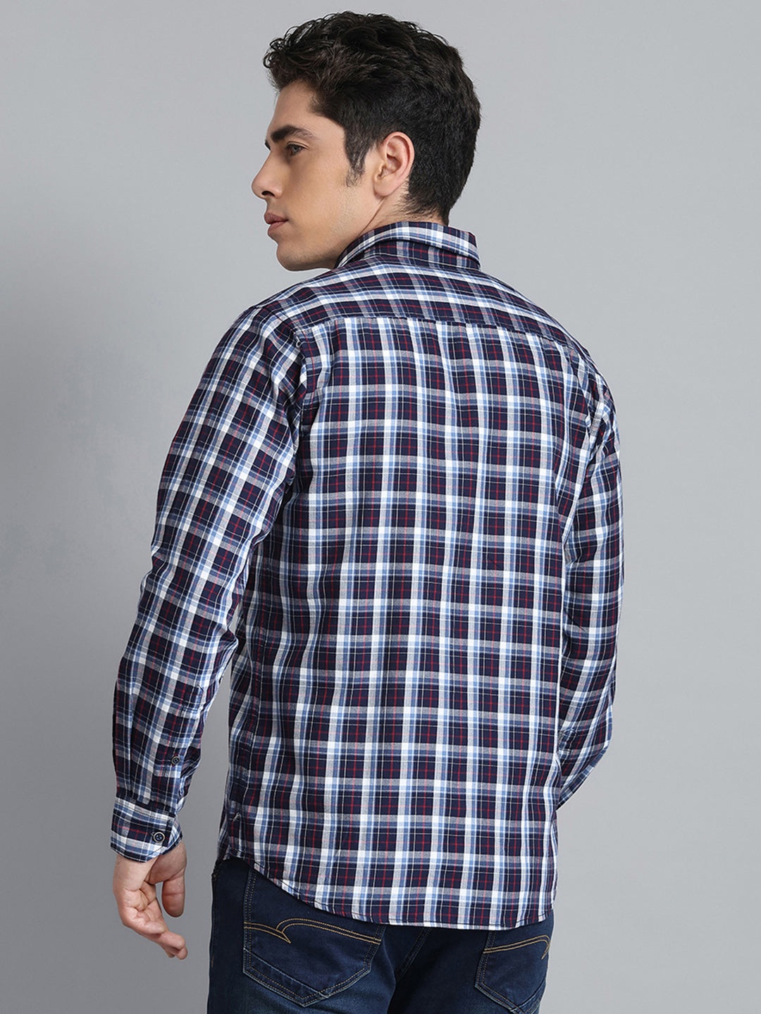Men Navy Blue Check Collar Full Sleeve Shirt