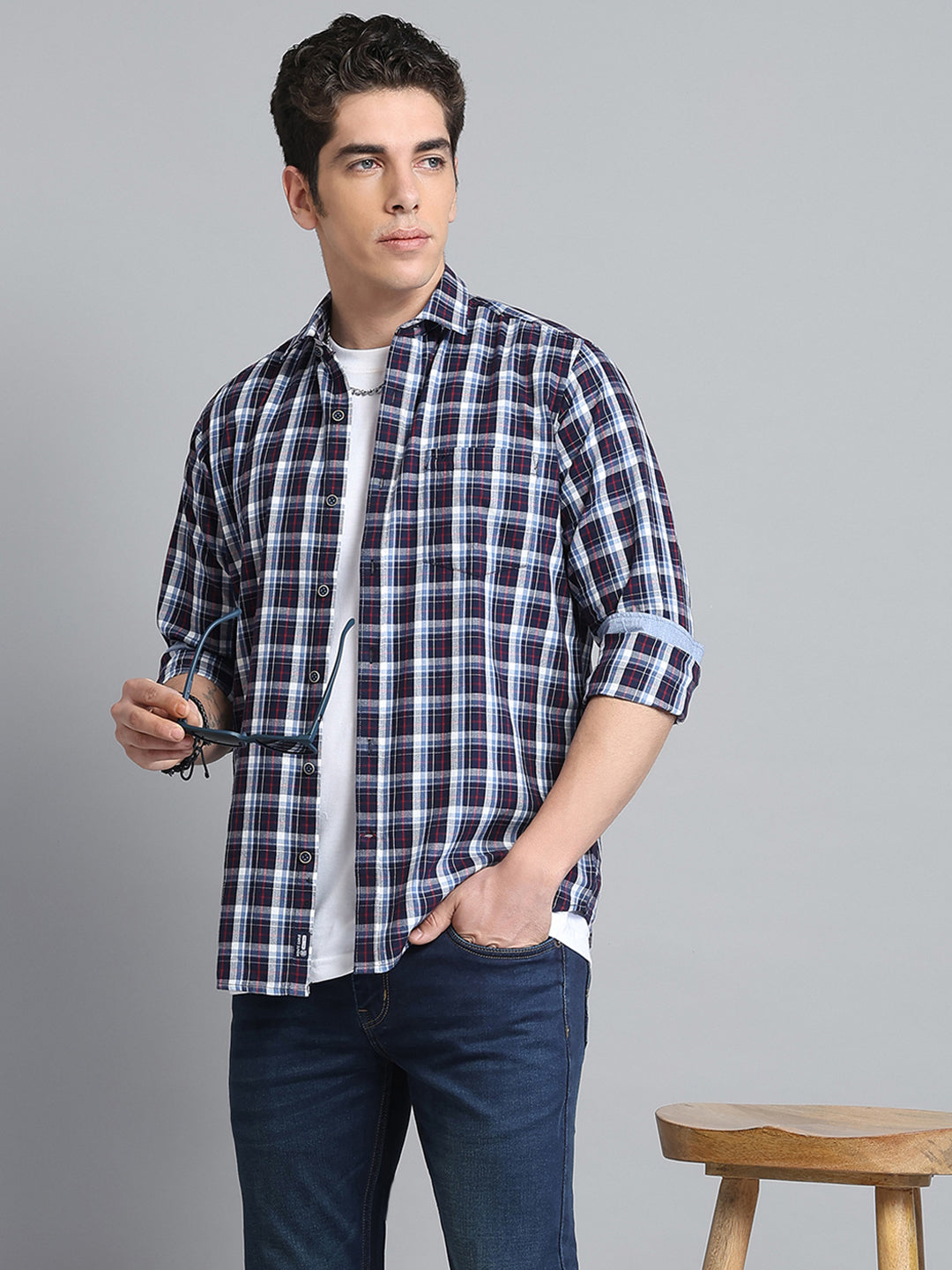Men Navy Blue Check Collar Full Sleeve Shirt
