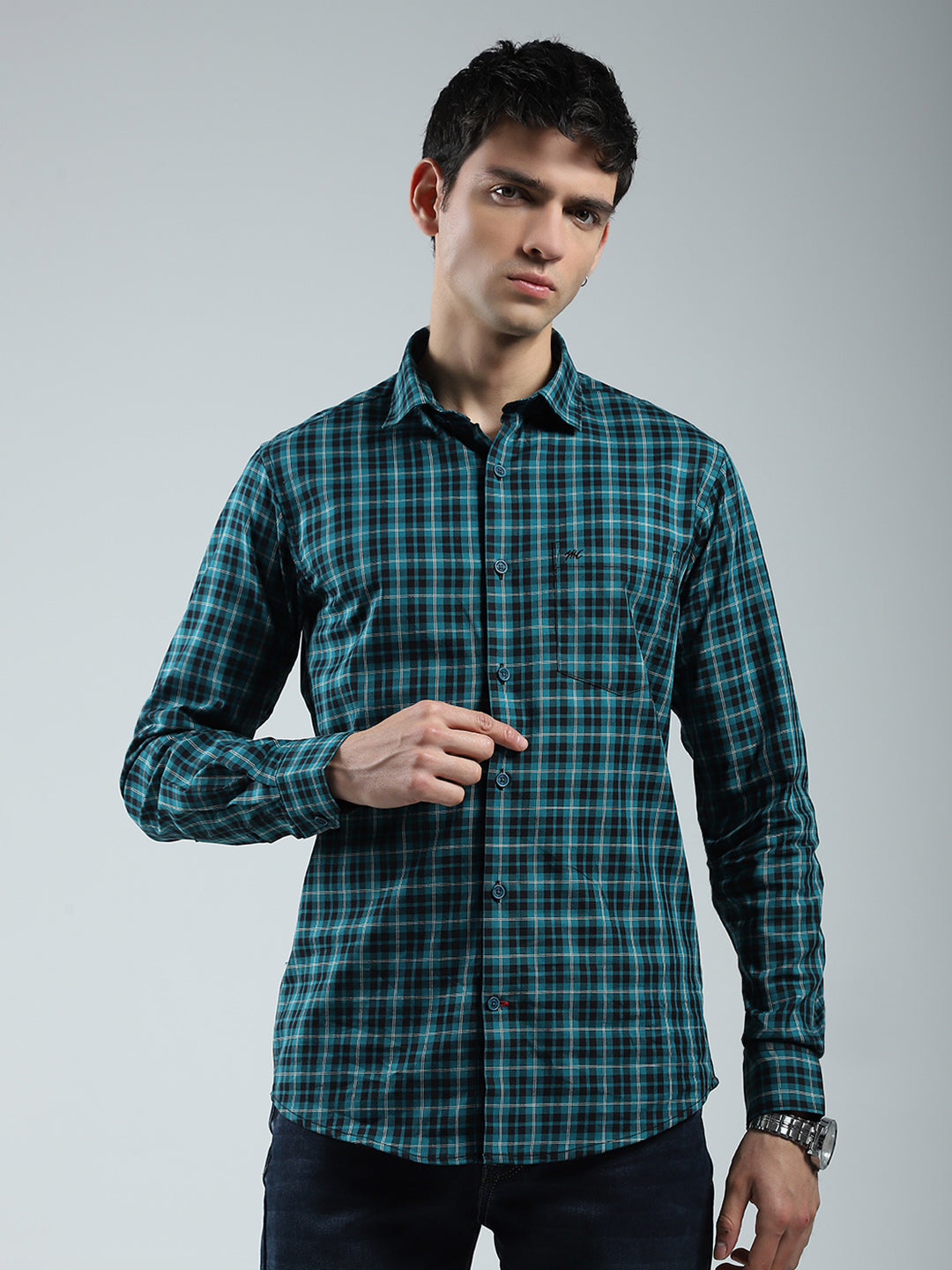 Men Green Check Collar Full Sleeve Shirt