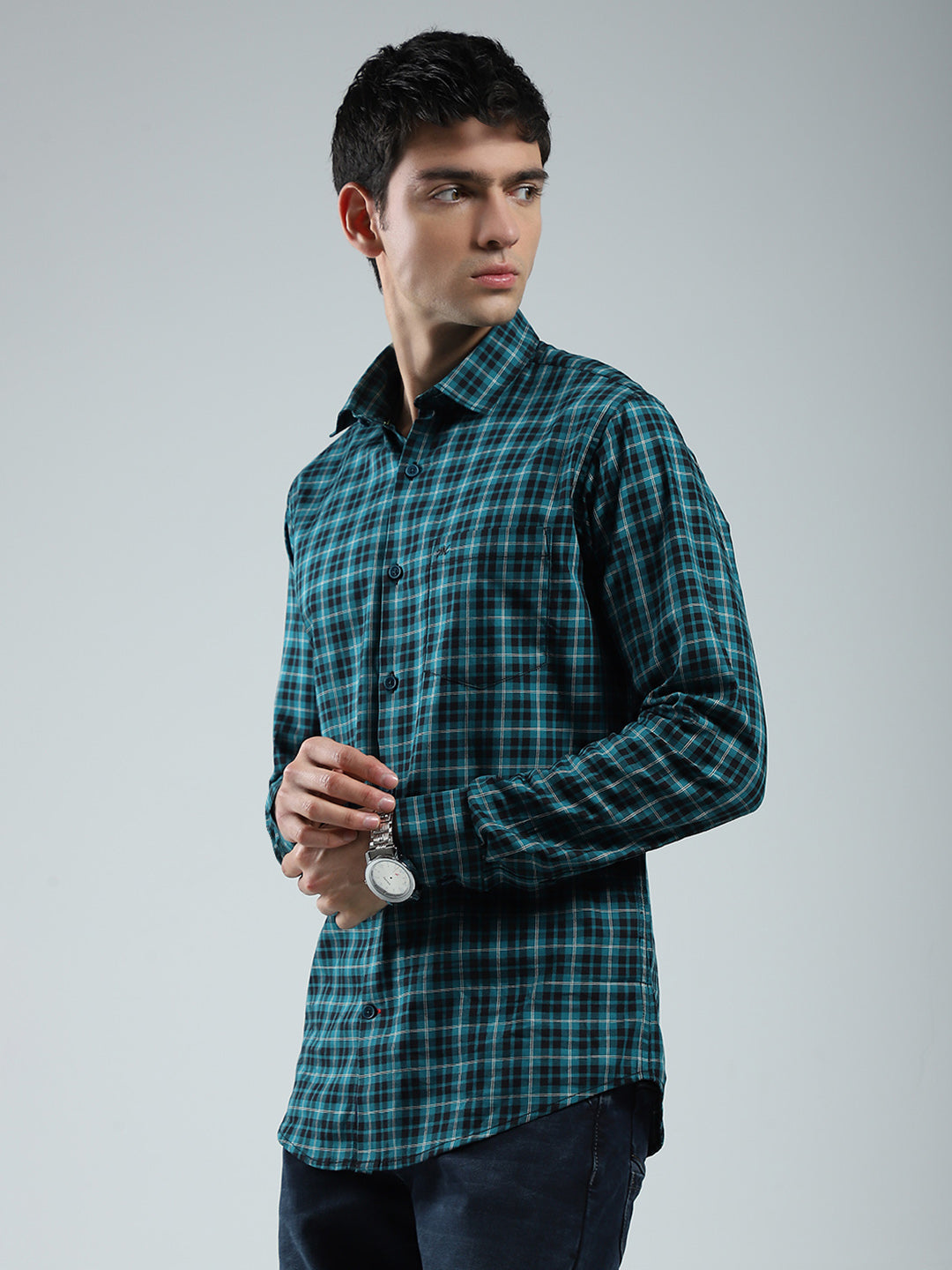 Men Green Check Collar Full Sleeve Shirt