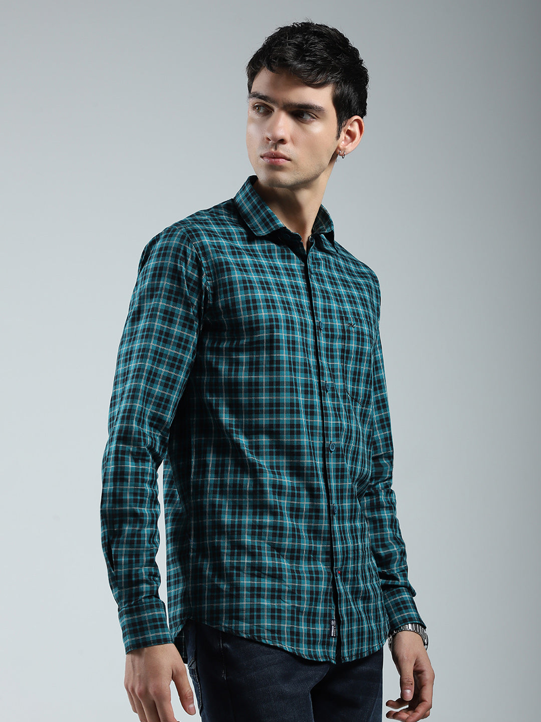 Men Green Check Collar Full Sleeve Shirt