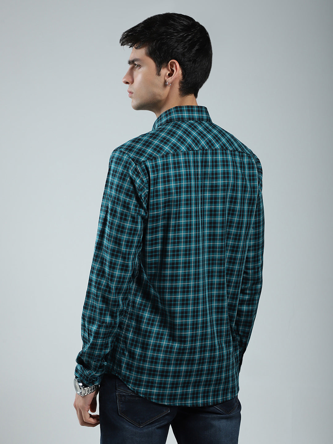 Men Green Check Collar Full Sleeve Shirt