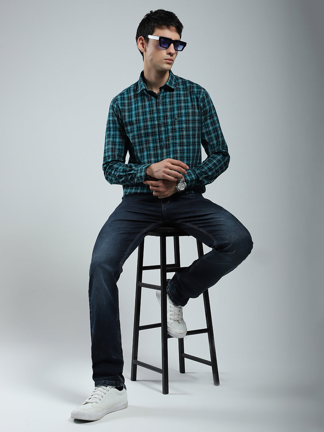 Men Green Check Collar Full Sleeve Shirt
