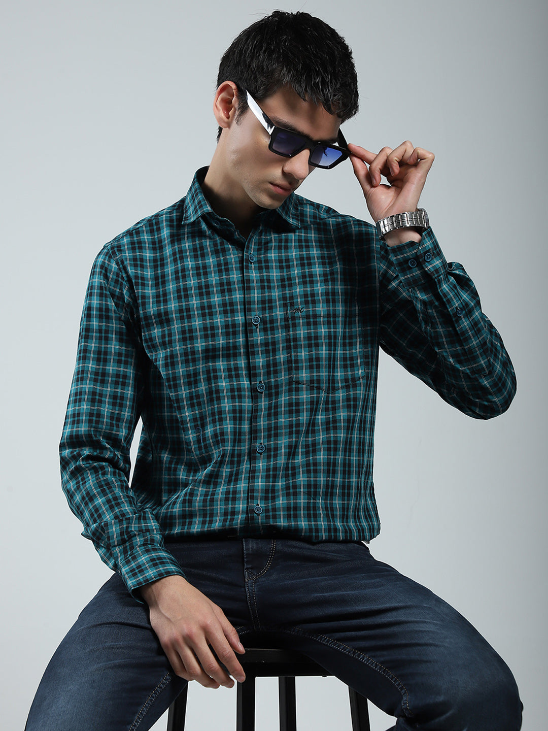 Men Green Check Collar Full Sleeve Shirt