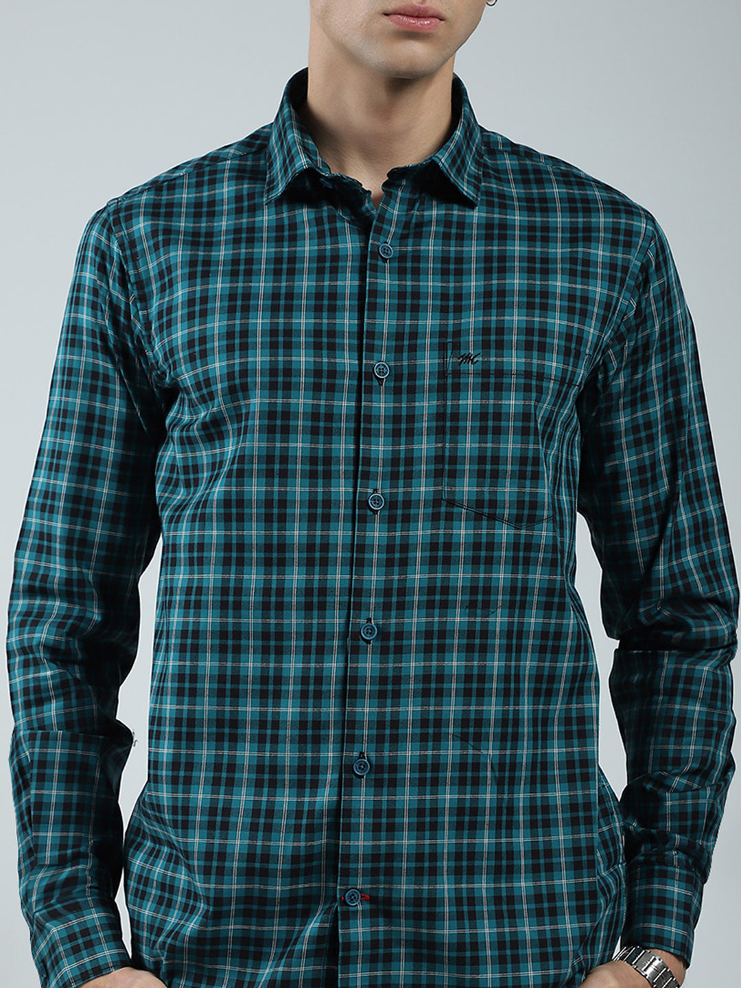 Men Green Check Collar Full Sleeve Shirt