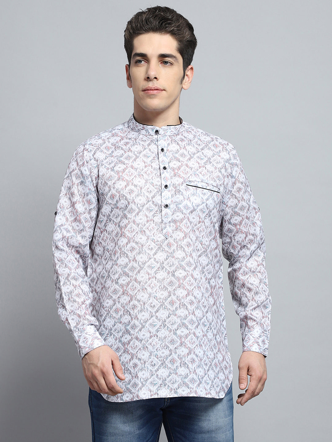 Men Multicolor Printed Band Collar Full Sleeve Kurta