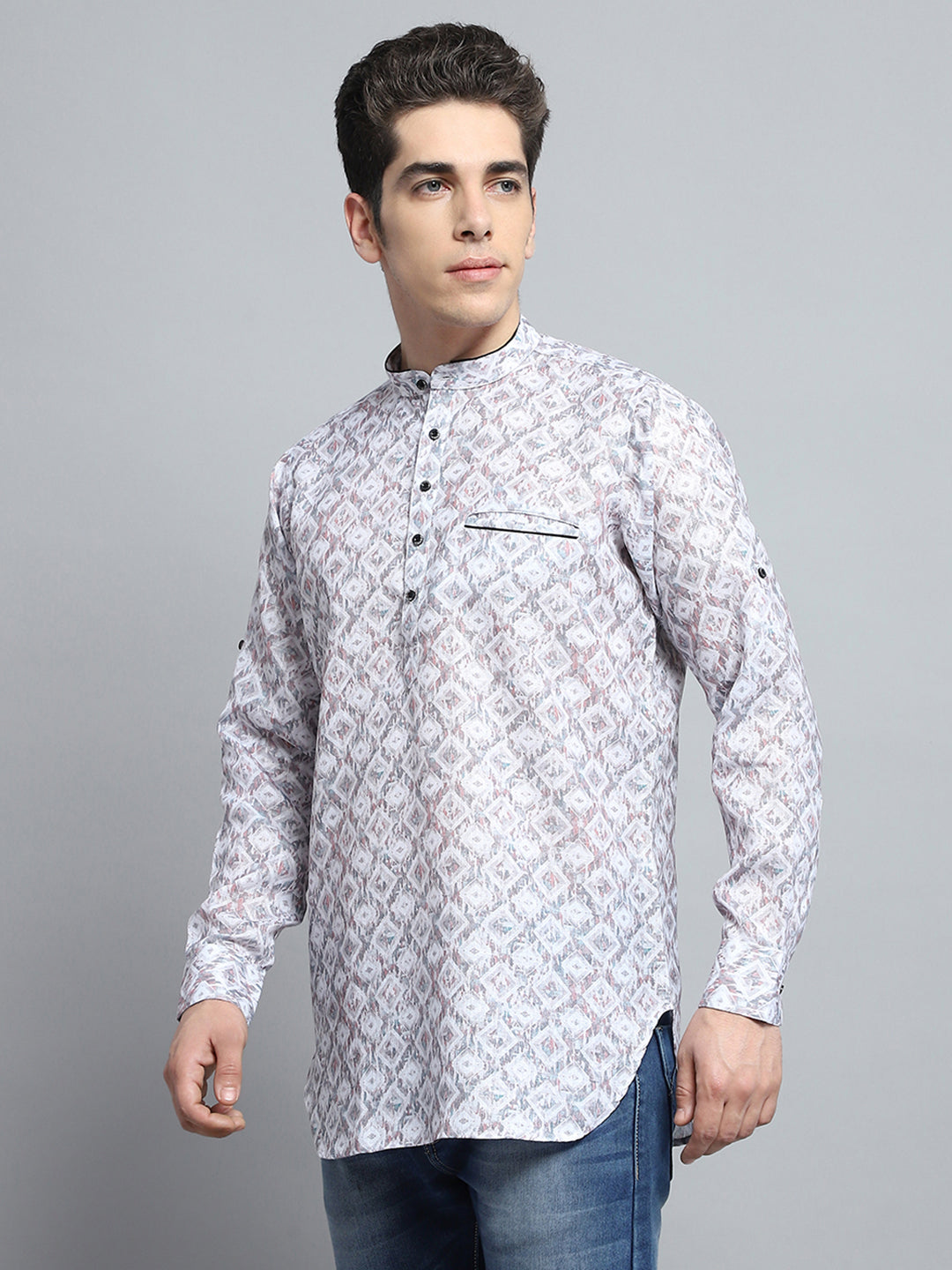 Men Multicolor Printed Band Collar Full Sleeve Kurta