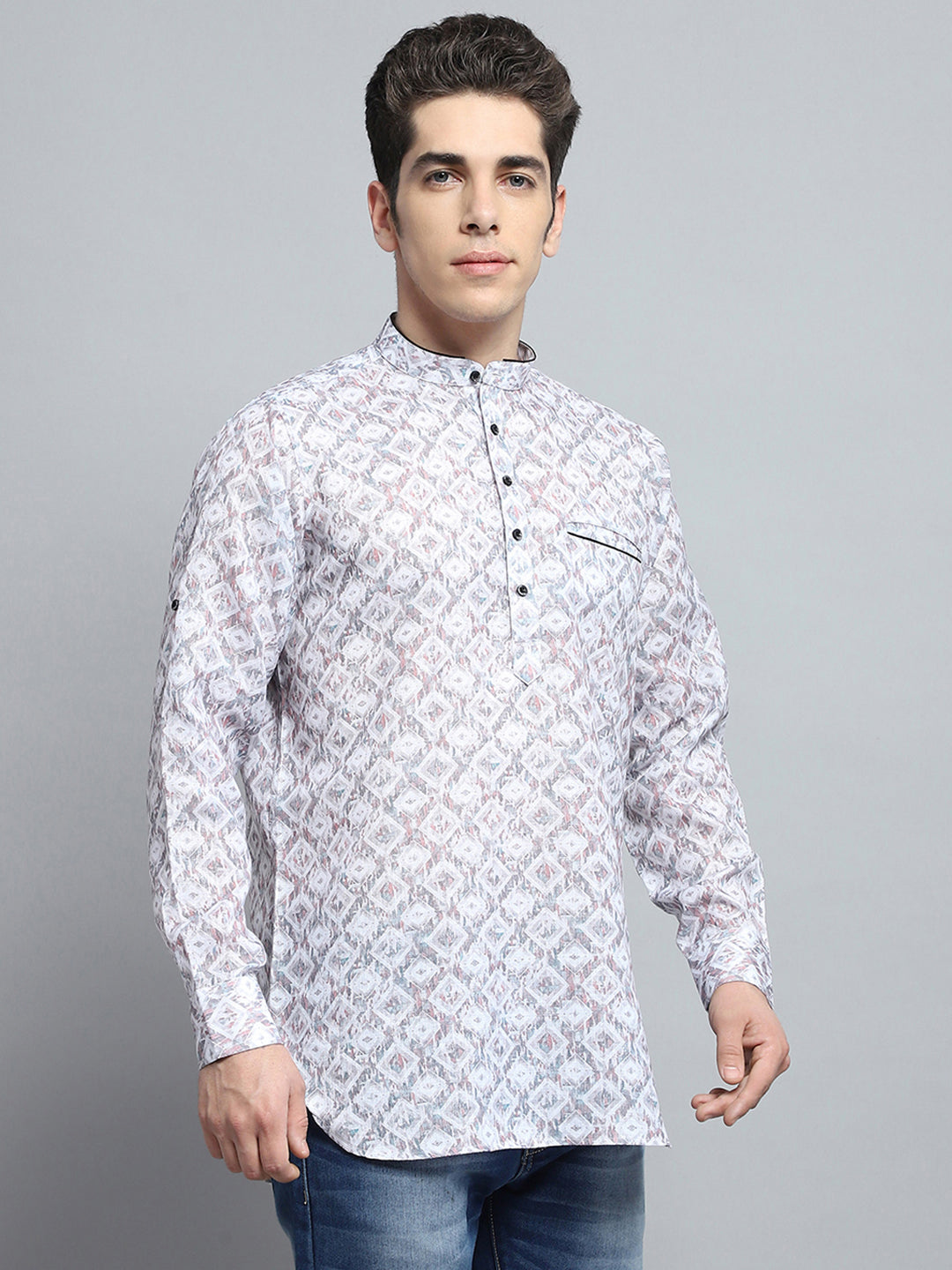 Men Multicolor Printed Band Collar Full Sleeve Kurta