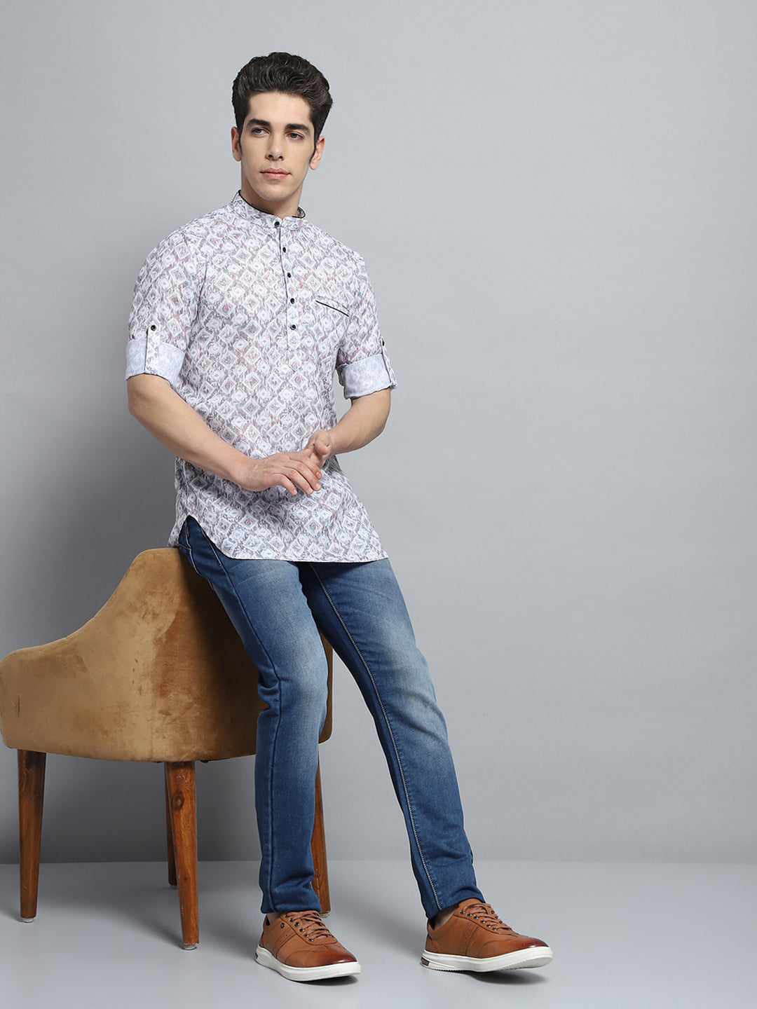 Men Multicolor Printed Band Collar Full Sleeve Kurta