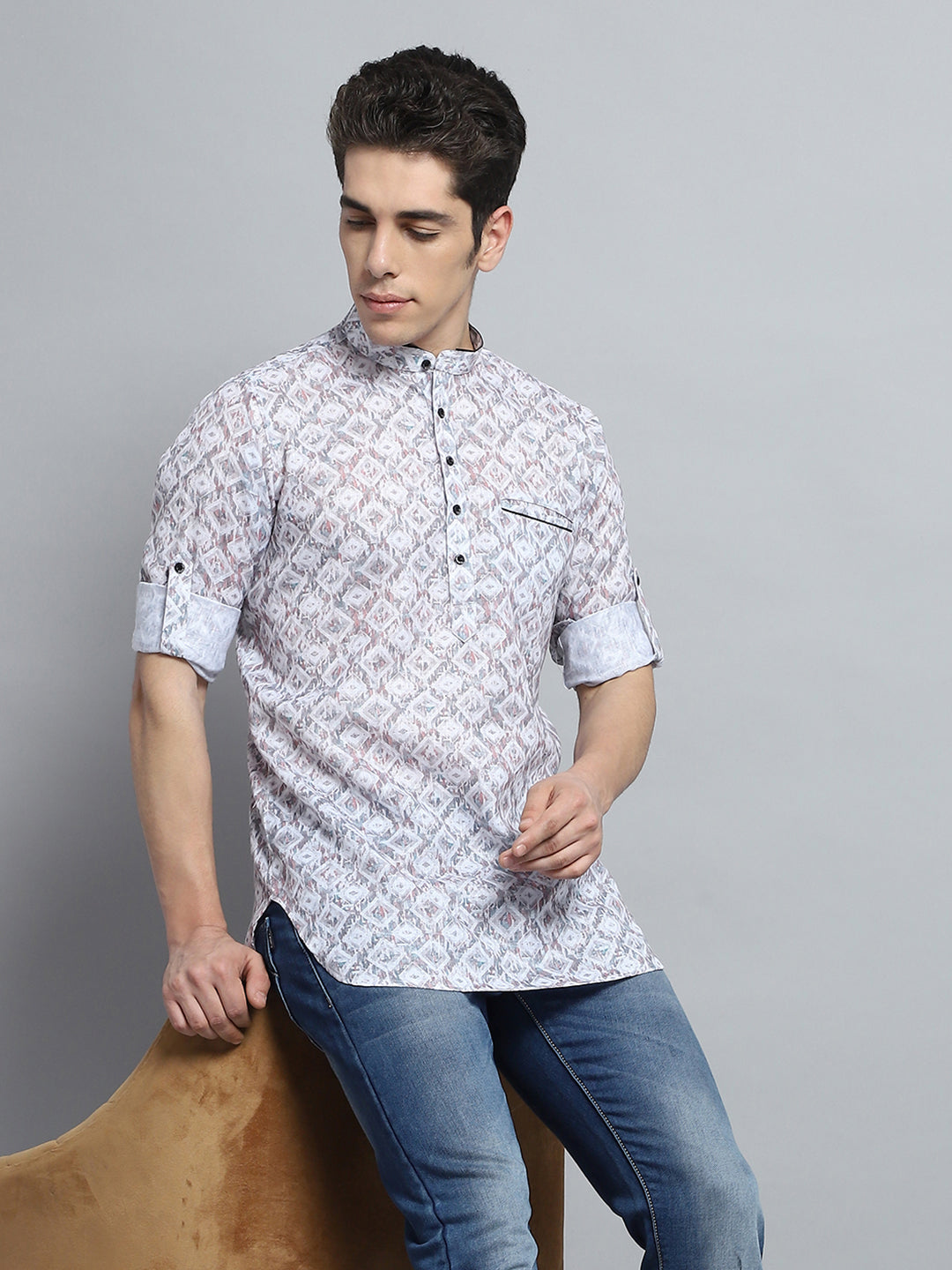 Men Multicolor Printed Band Collar Full Sleeve Kurta