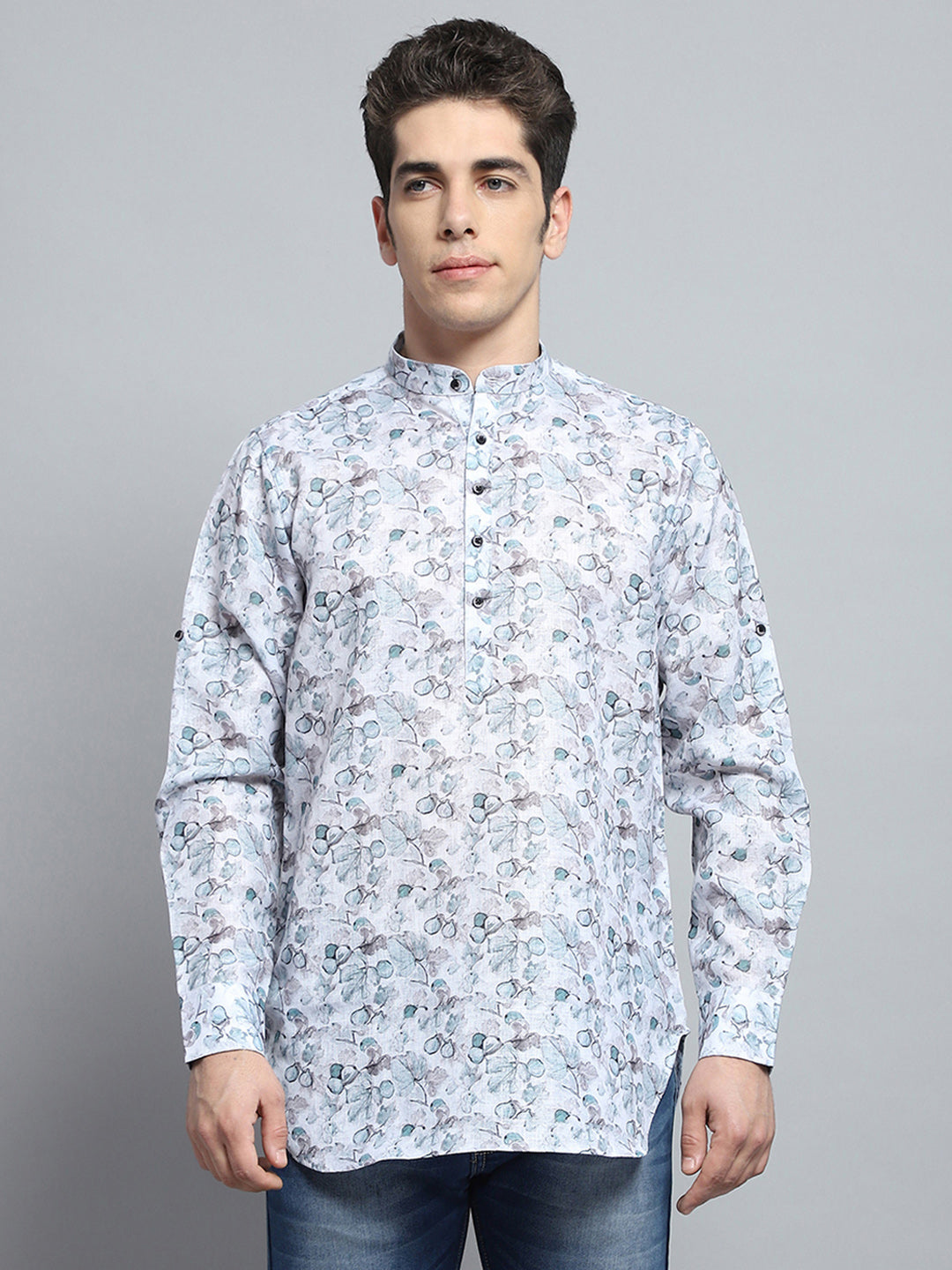 Men Green Printed Band Collar Full Sleeve Kurta