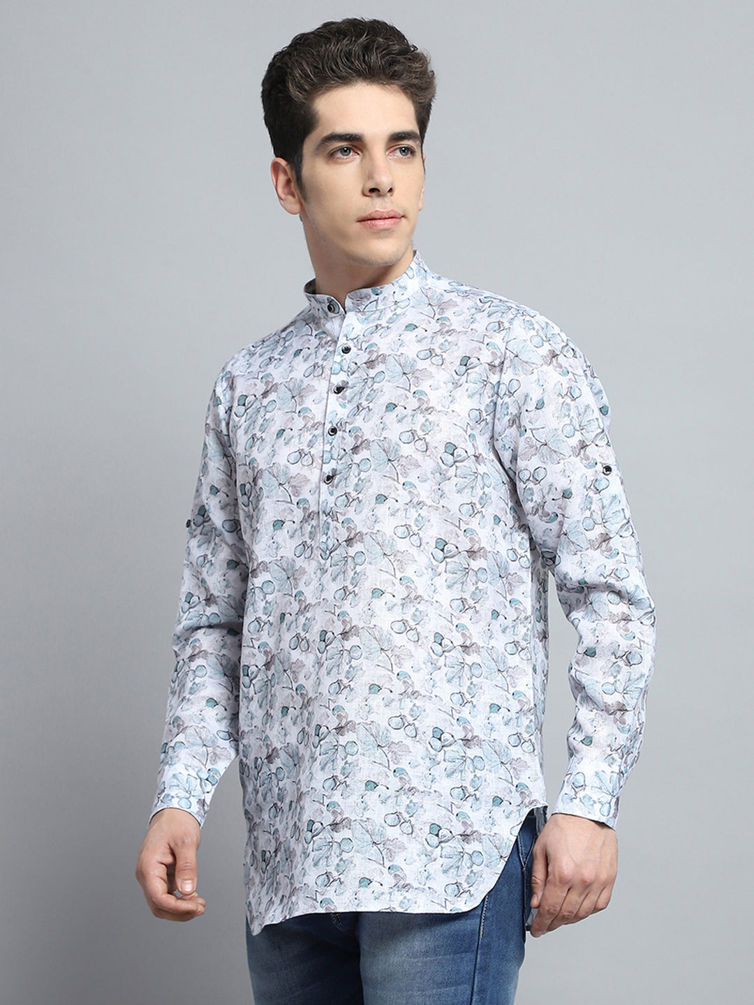 Men Green Printed Band Collar Full Sleeve Kurta