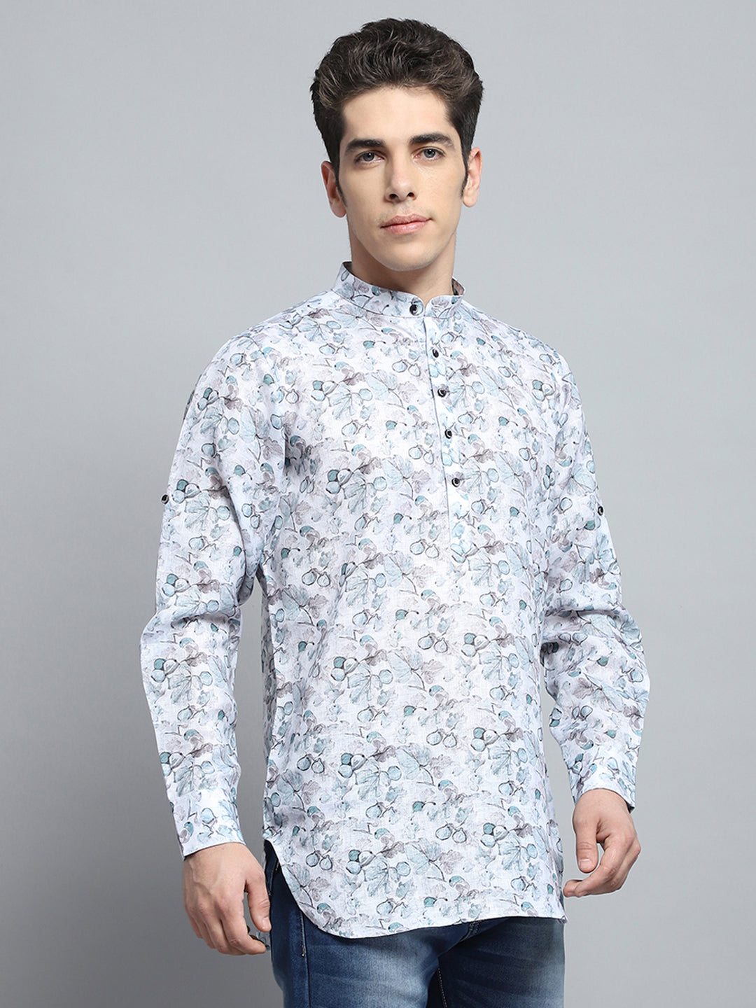 Men Green Printed Band Collar Full Sleeve Kurta
