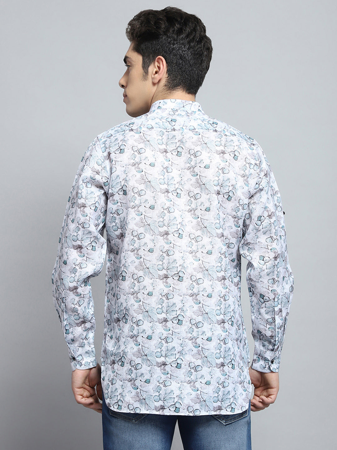 Men Green Printed Band Collar Full Sleeve Kurta