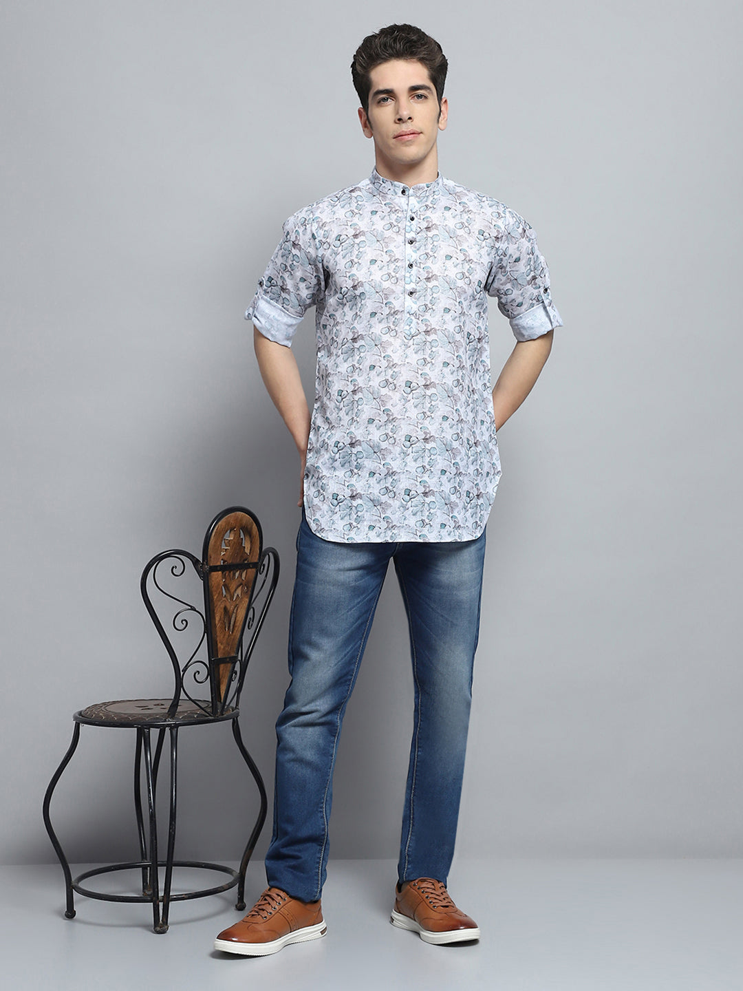 Men Green Printed Band Collar Full Sleeve Kurta