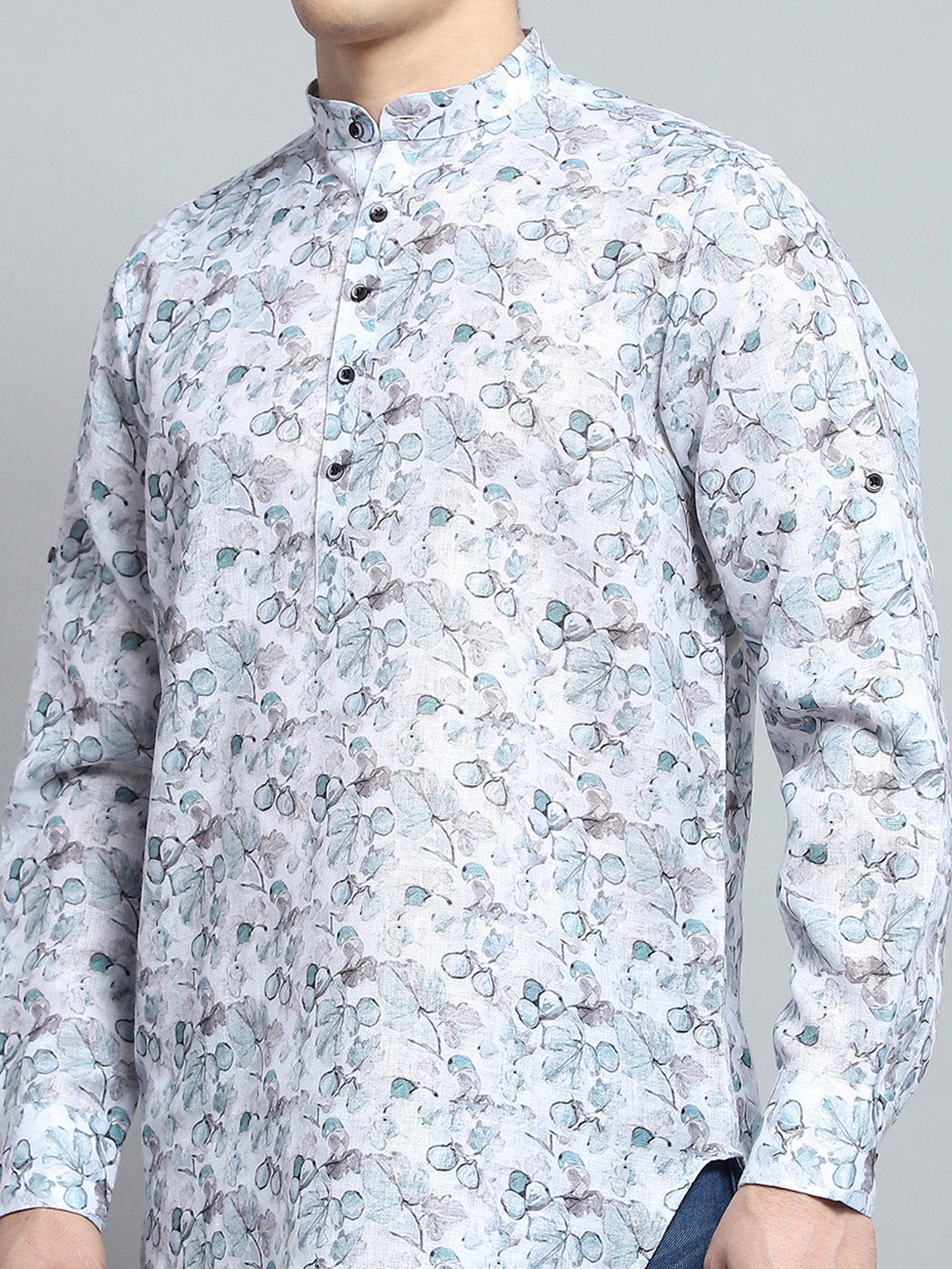 Men Green Printed Band Collar Full Sleeve Kurta