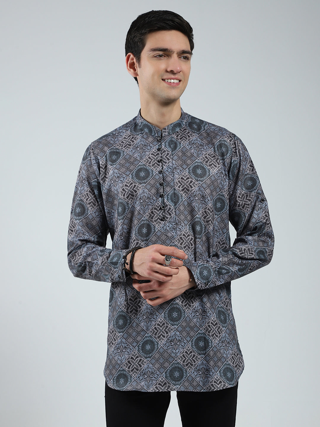 Men Green Printed Band Collar Full Sleeve Kurta