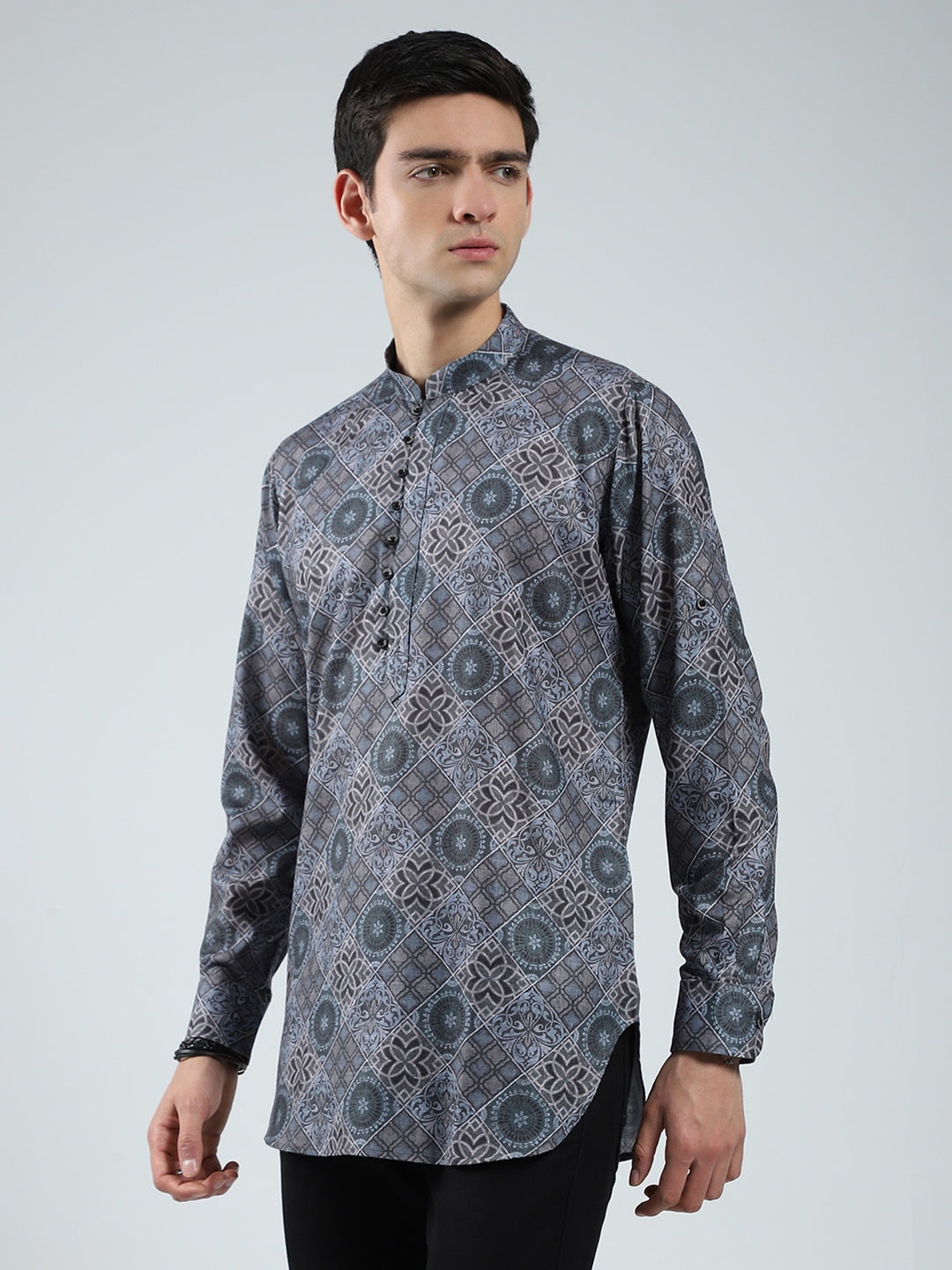 Men Green Printed Band Collar Full Sleeve Kurta
