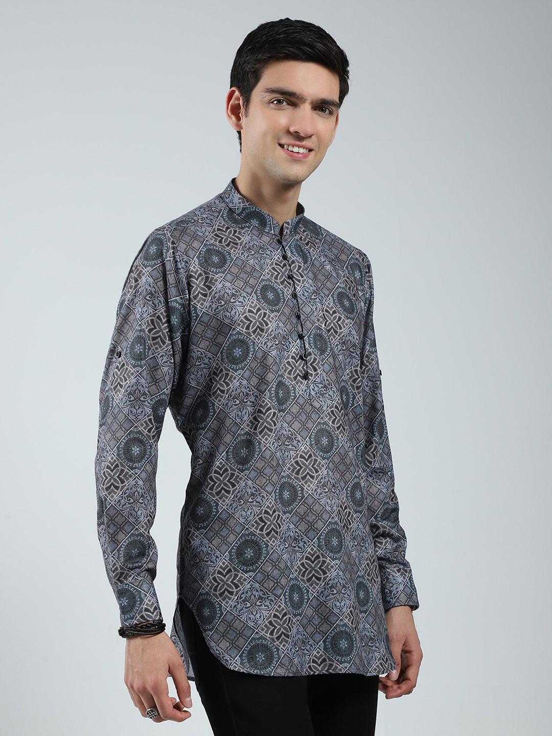 Men Green Printed Band Collar Full Sleeve Kurta
