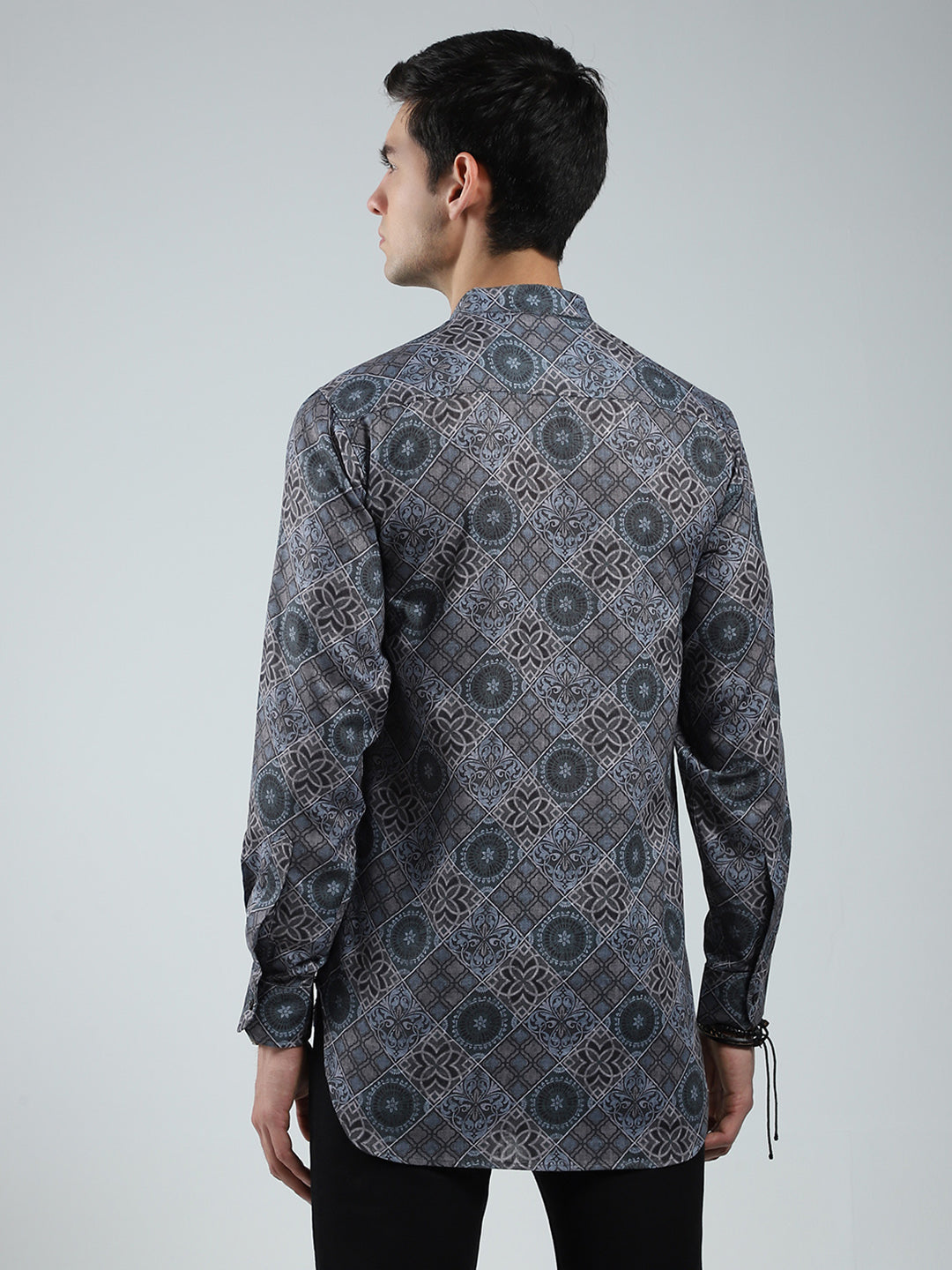 Men Green Printed Band Collar Full Sleeve Kurta