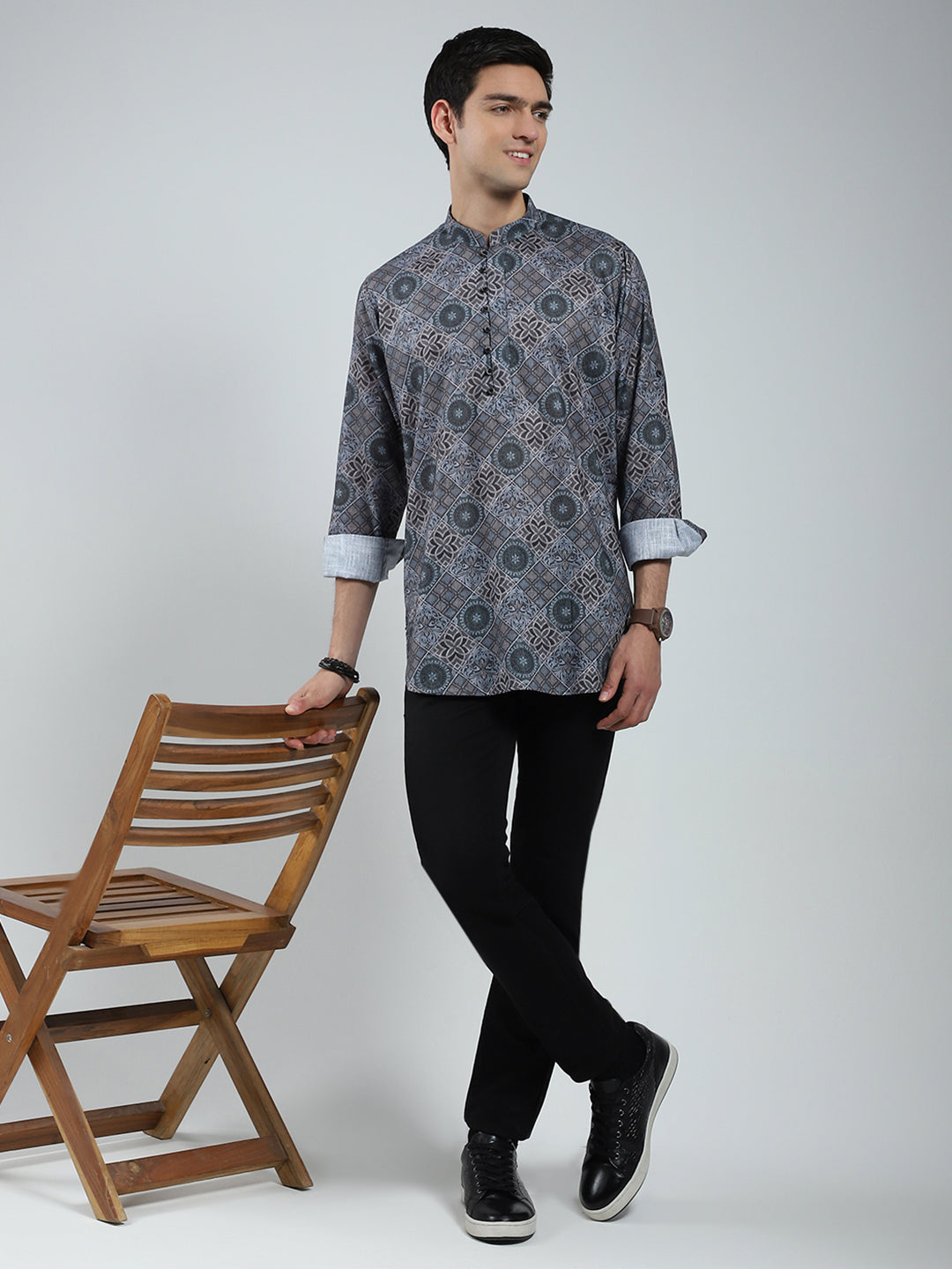 Men Green Printed Band Collar Full Sleeve Kurta