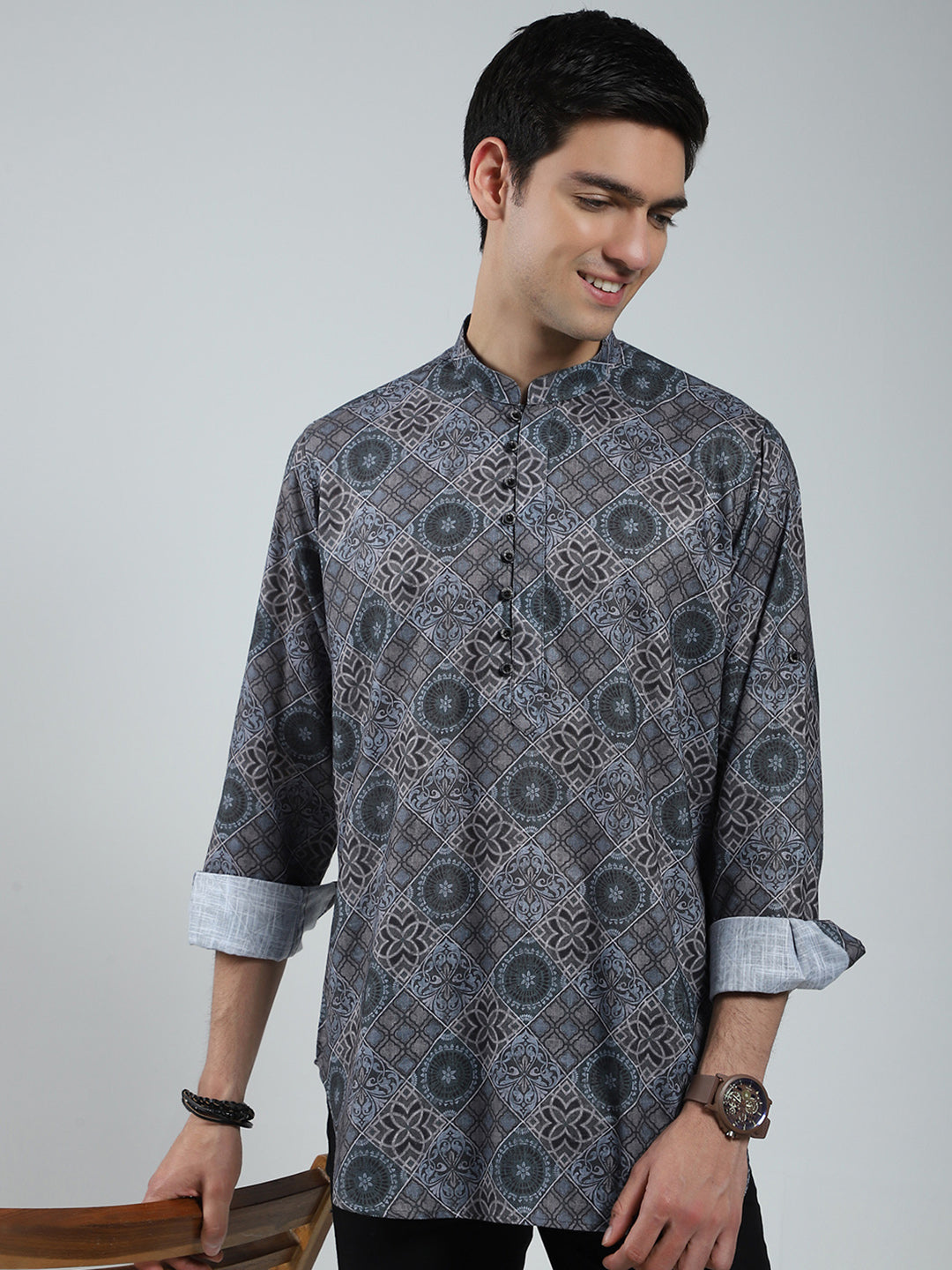 Men Green Printed Band Collar Full Sleeve Kurta