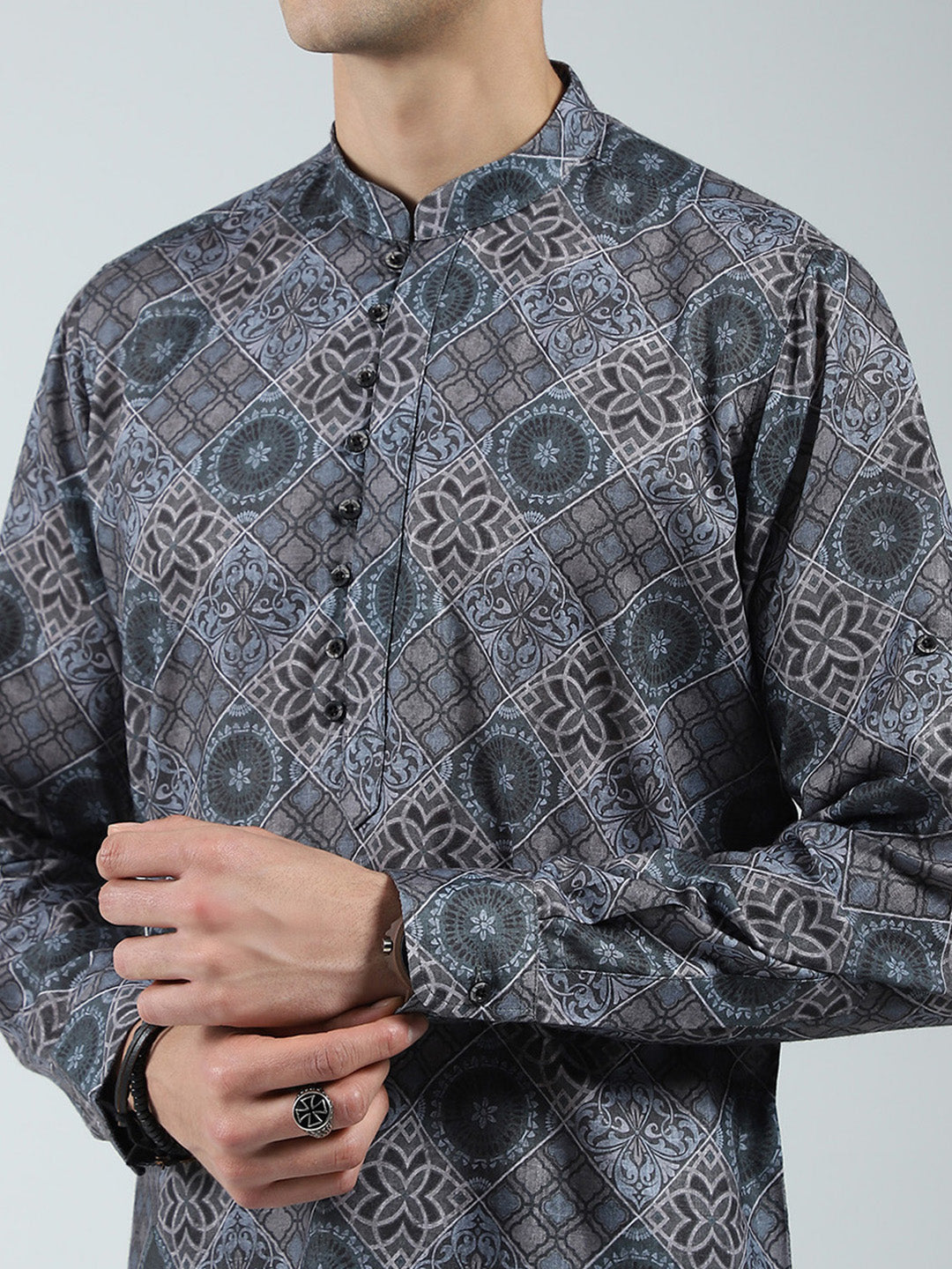 Men Green Printed Band Collar Full Sleeve Kurta