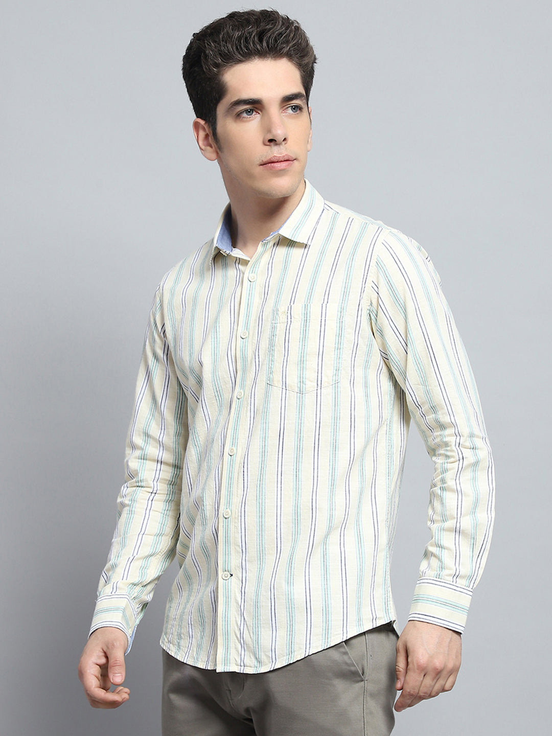Men Yellow Stripe Collar Full Sleeve Shirt