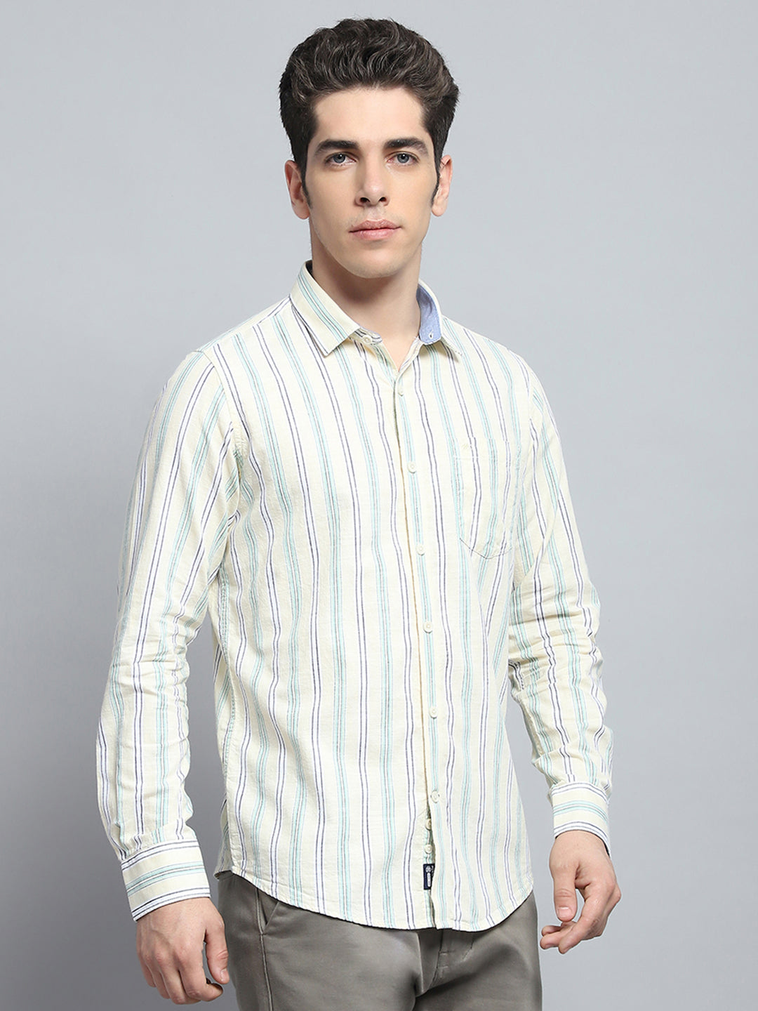 Men Yellow Stripe Collar Full Sleeve Shirt