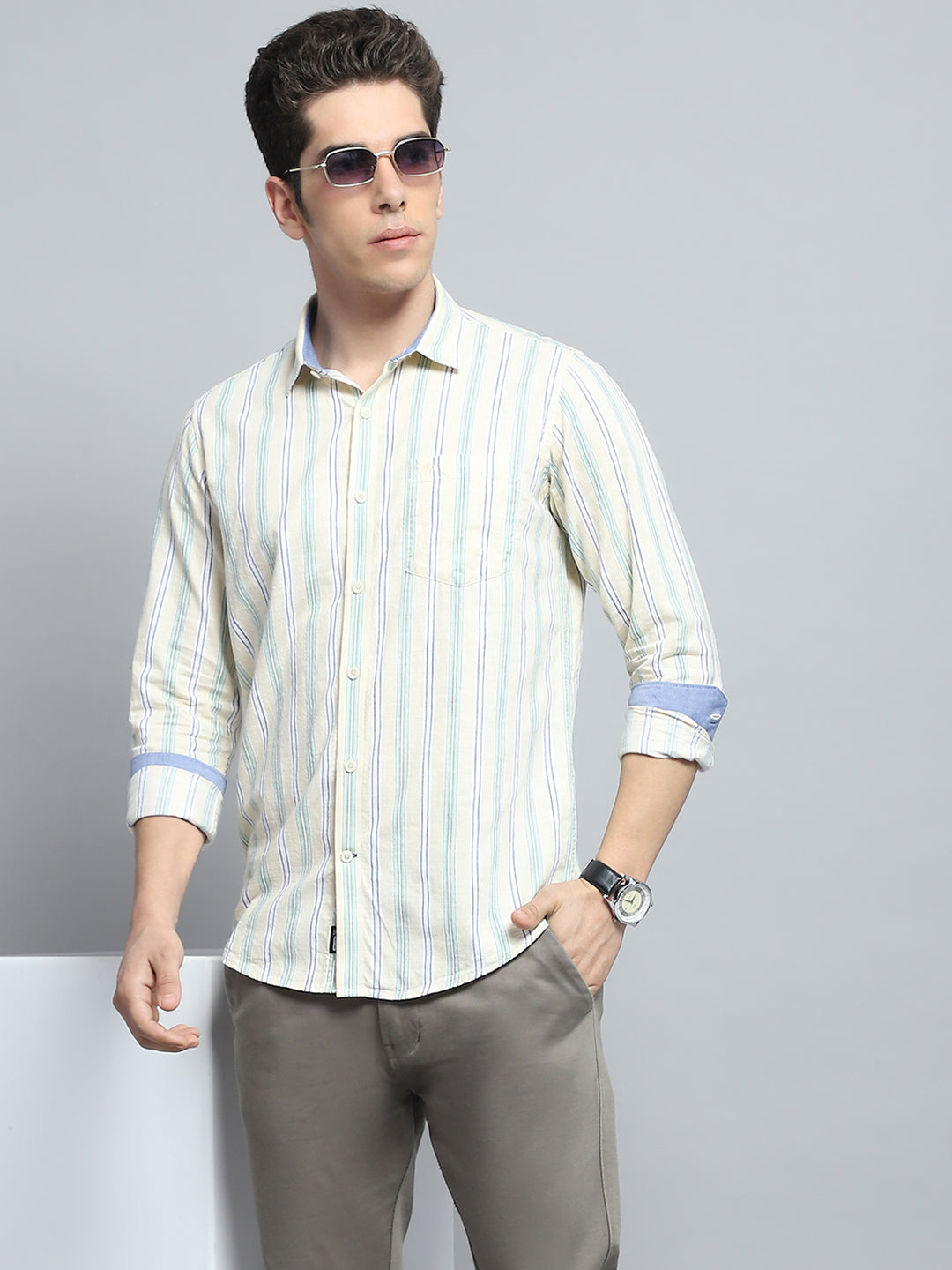 Men Yellow Stripe Collar Full Sleeve Shirt