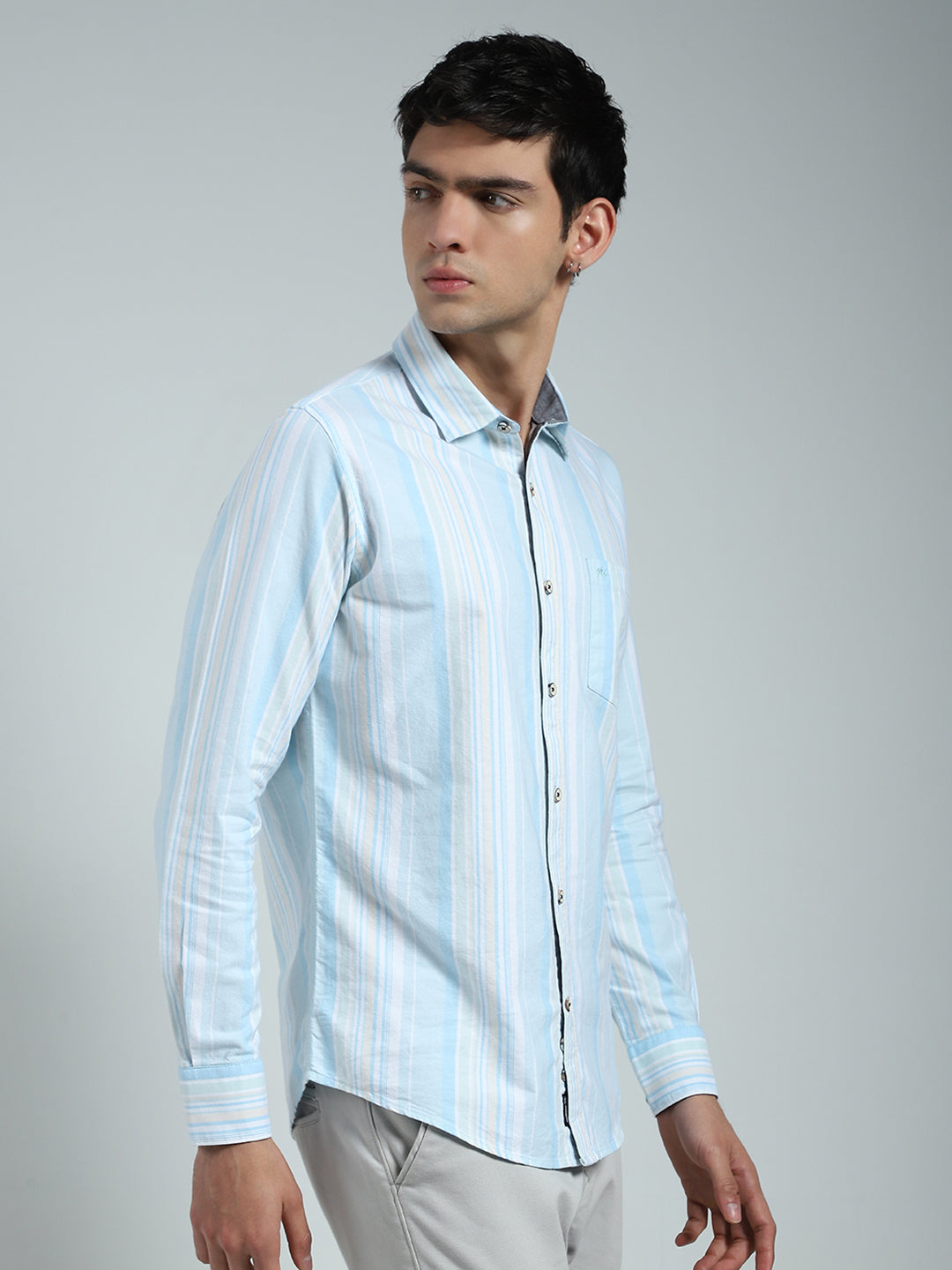 Men Blue Stripe Collar Full Sleeve Shirt