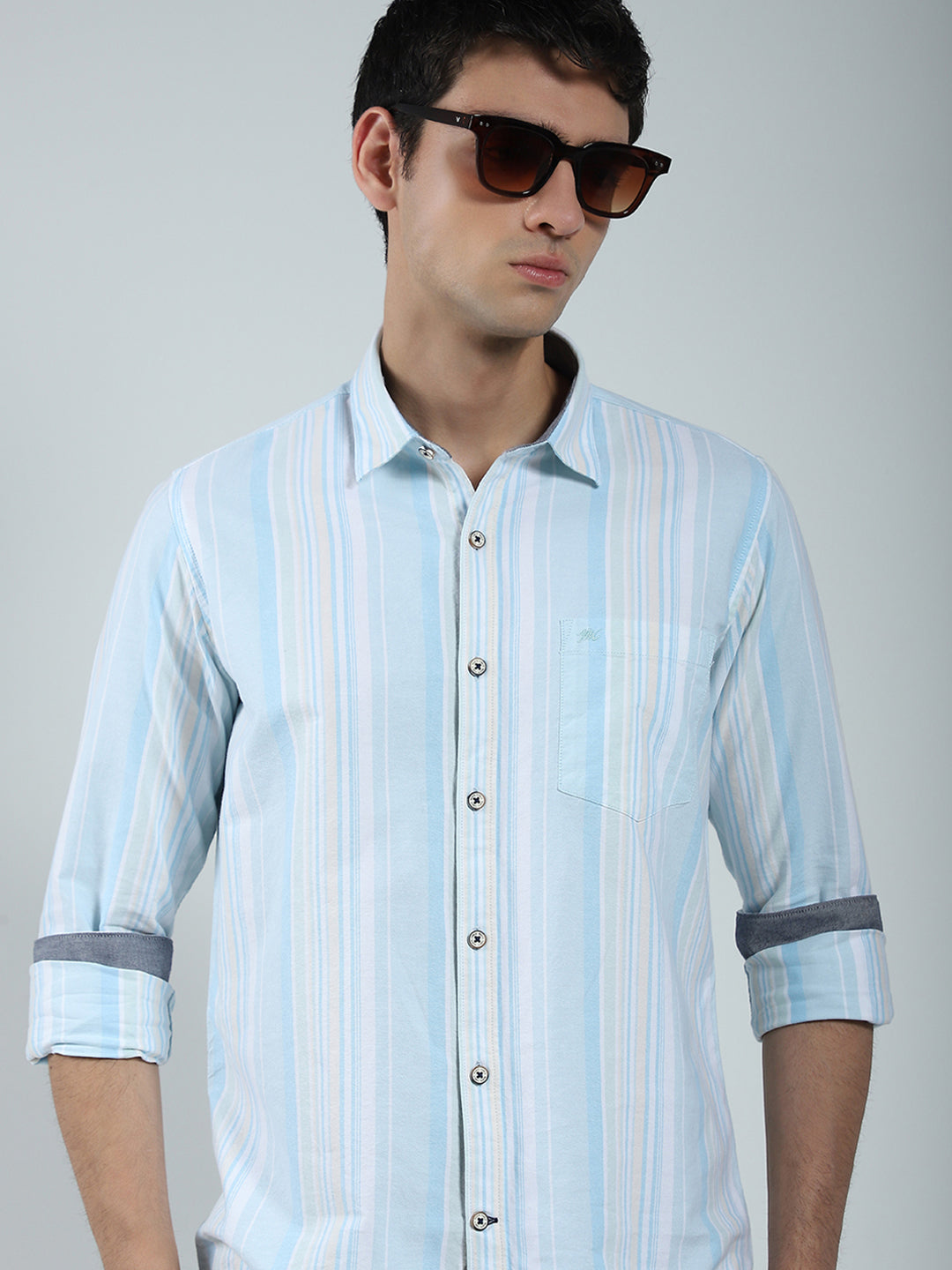 Men Blue Stripe Collar Full Sleeve Shirt