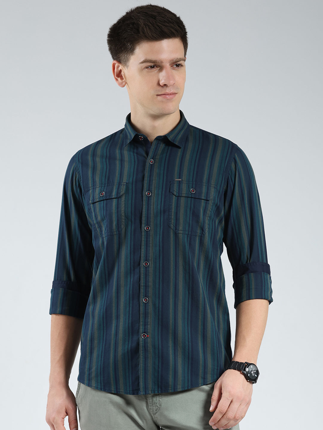 Men Navy Blue Stripe Collar Full Sleeve Shirt