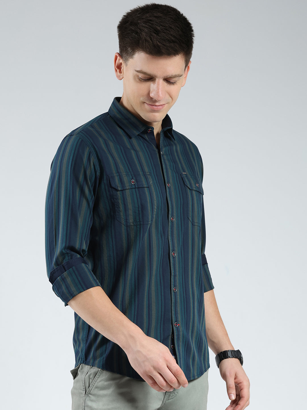 Men Navy Blue Stripe Collar Full Sleeve Shirt