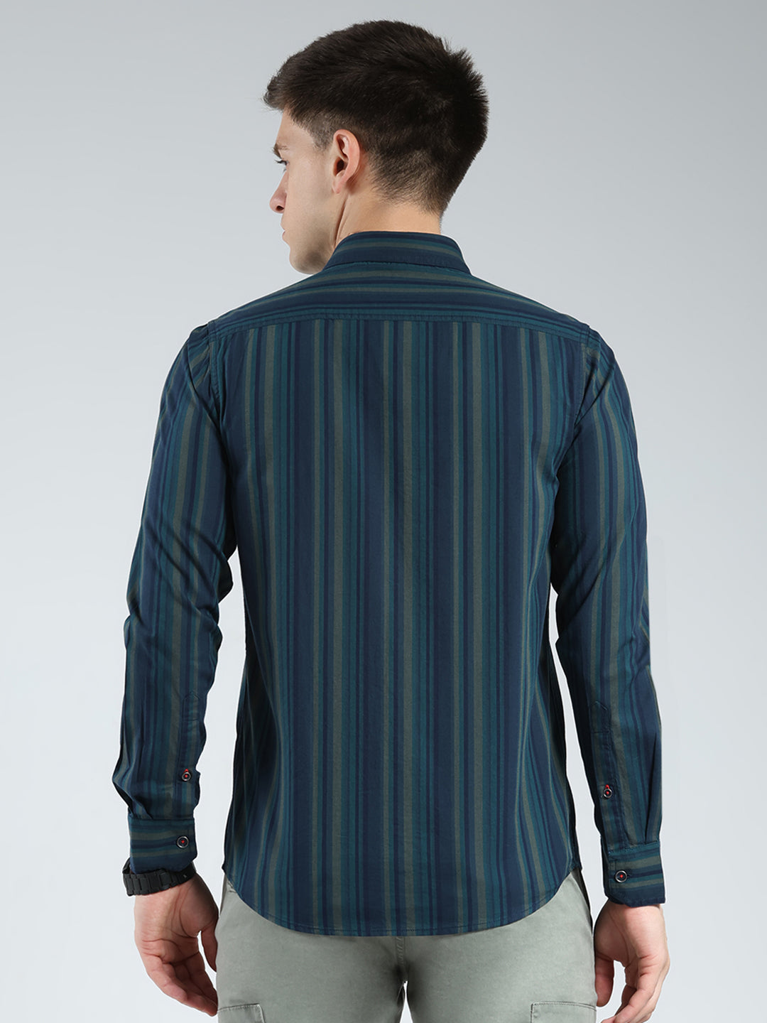 Men Navy Blue Stripe Collar Full Sleeve Shirt