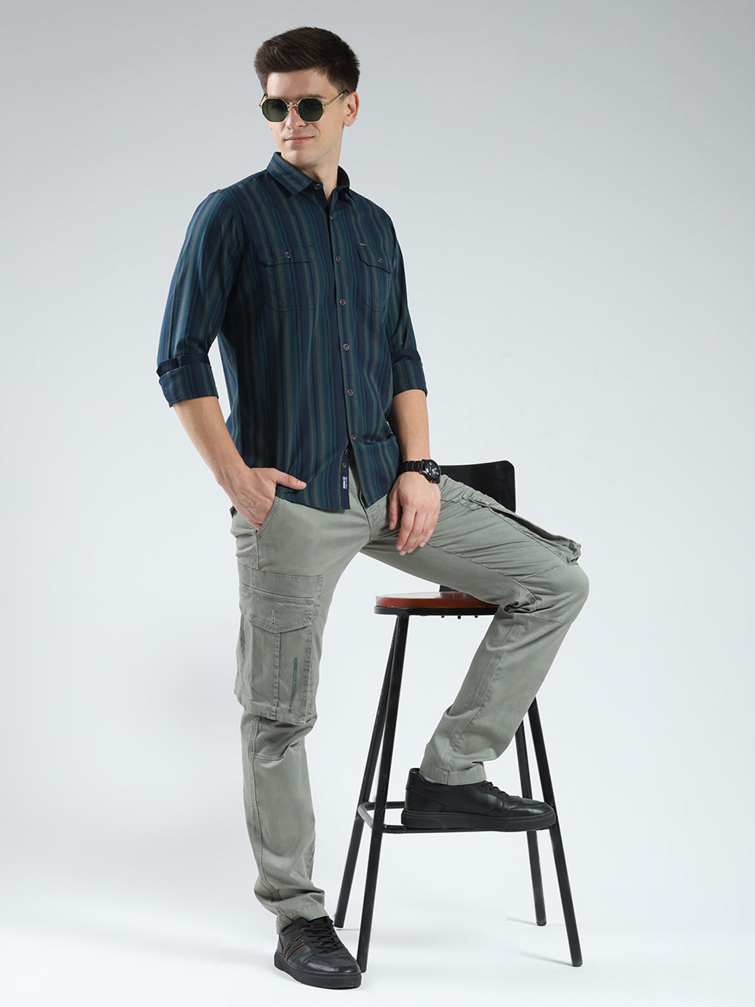 Men Navy Blue Stripe Collar Full Sleeve Shirt