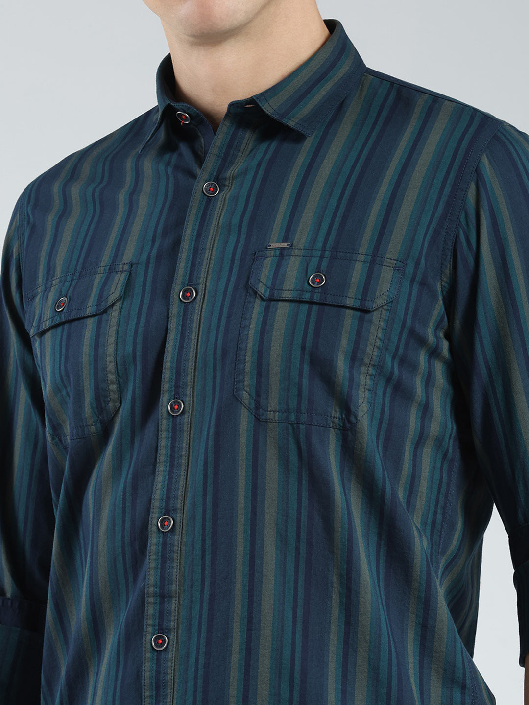 Men Navy Blue Stripe Collar Full Sleeve Shirt