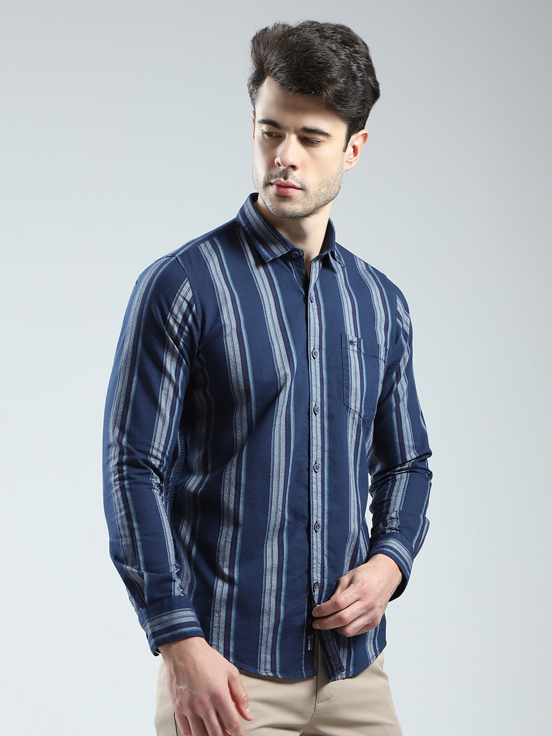 Men Navy Blue Stripe Collar Full Sleeve Shirt