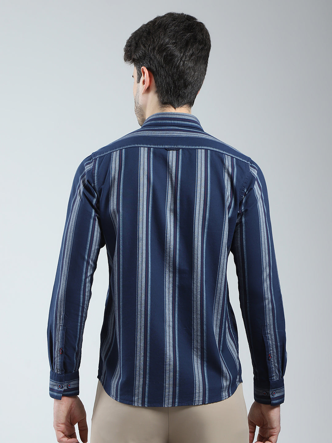 Men Navy Blue Stripe Collar Full Sleeve Shirt