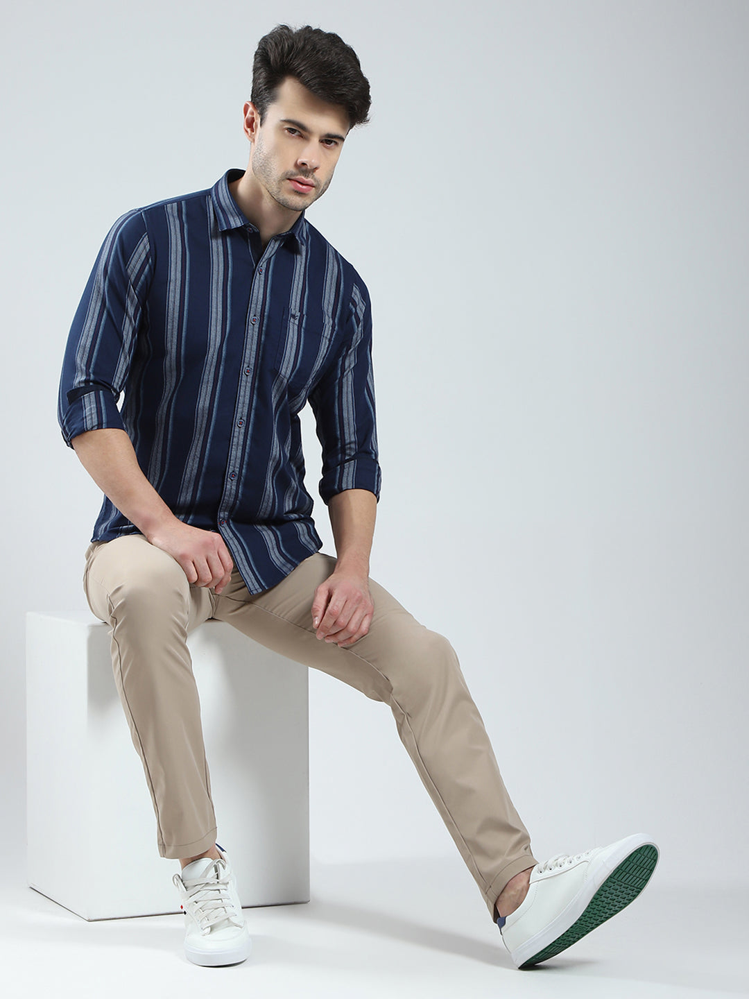 Men Navy Blue Stripe Collar Full Sleeve Shirt