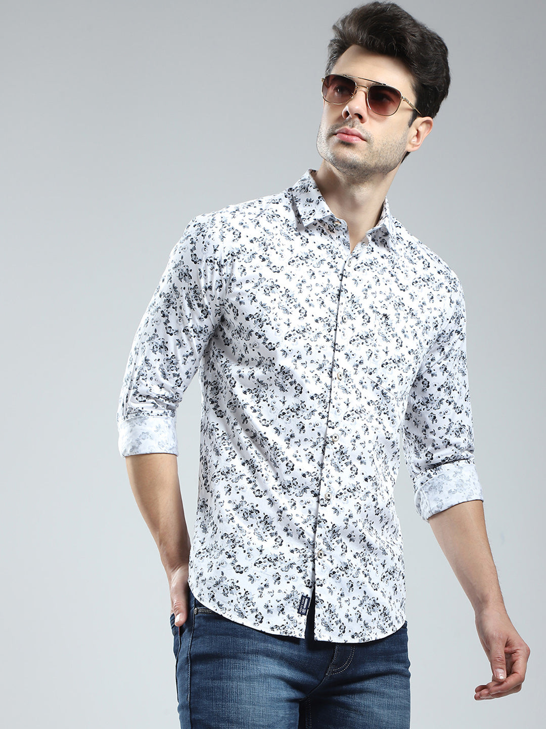 Men White Printed Collar Full Sleeve Shirt