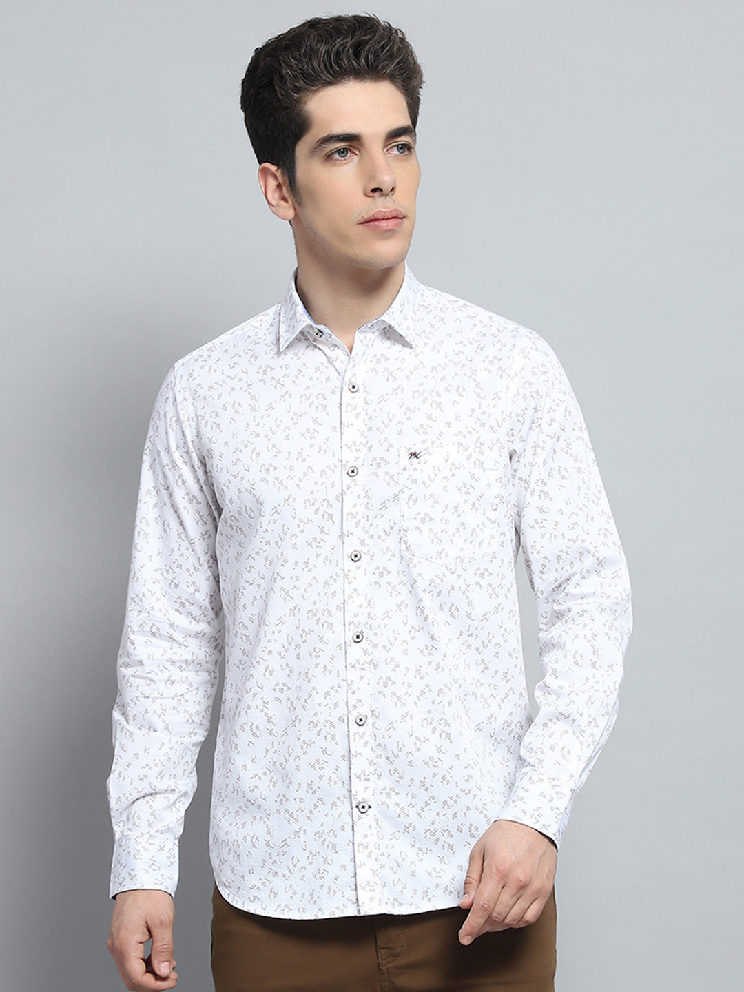 Men White Printed Collar Full Sleeve Shirt