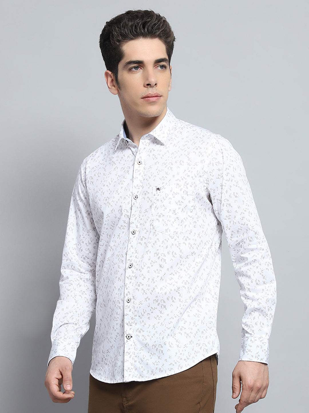 Men White Printed Collar Full Sleeve Shirt