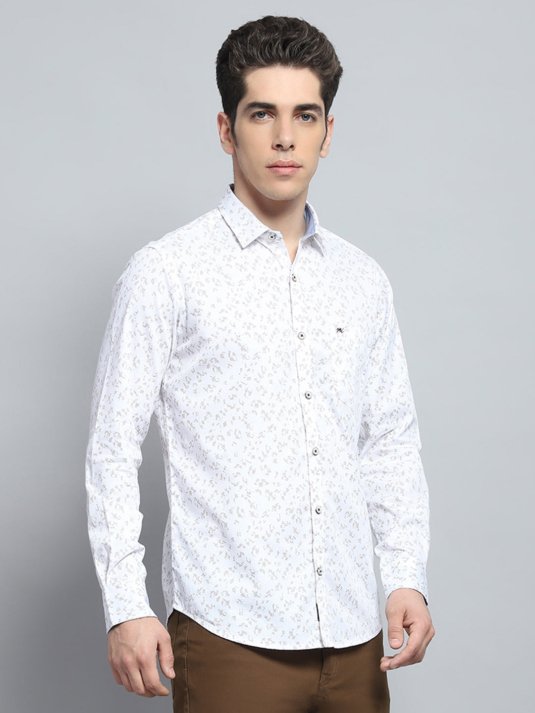 Men White Printed Collar Full Sleeve Shirt