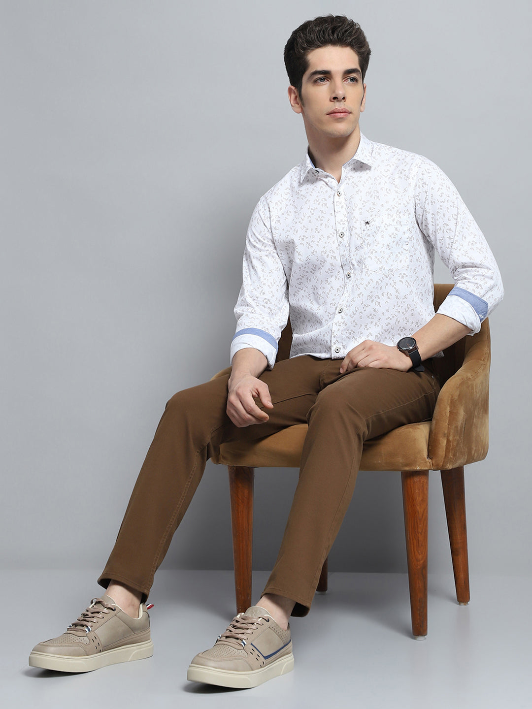 Men White Printed Collar Full Sleeve Shirt