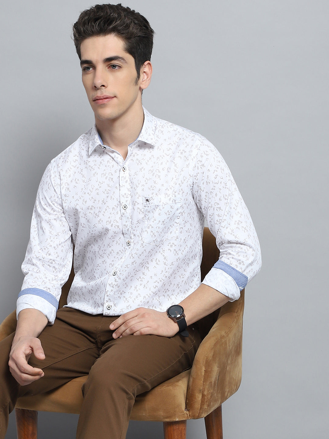 Men White Printed Collar Full Sleeve Shirt
