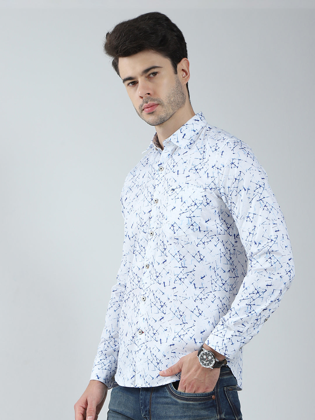 Men White Printed Collar Full Sleeve Shirt