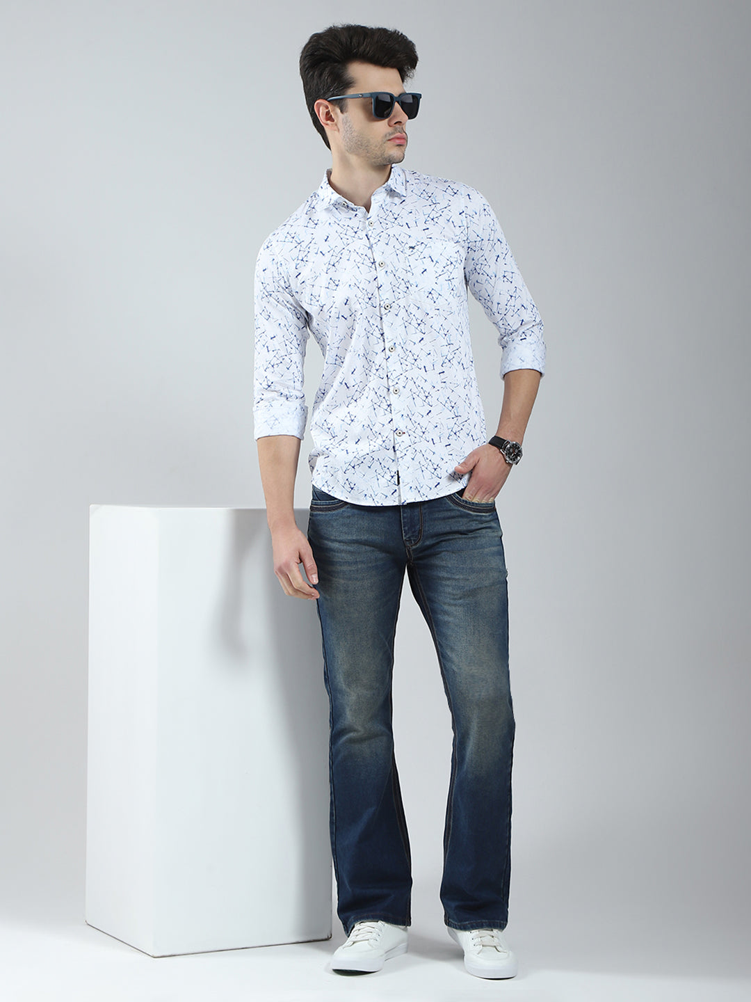 Men White Printed Collar Full Sleeve Shirt